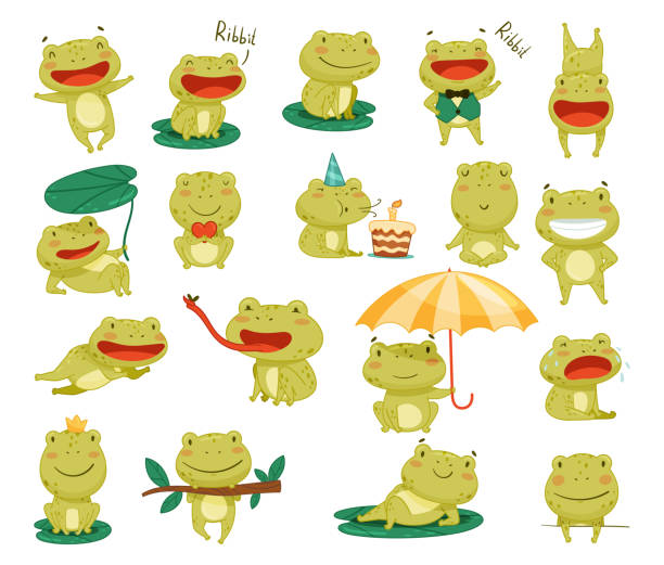 ilustrações, clipart, desenhos animados e ícones de personagem engraçado little frog envolvido em diferentes atividades big vector set - frog catching fly water