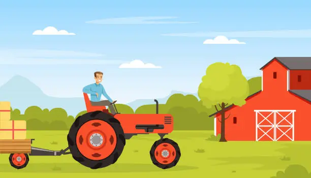 Vector illustration of Happy Man Farmer Driving Tractor with Hay Bale Vector Illustration