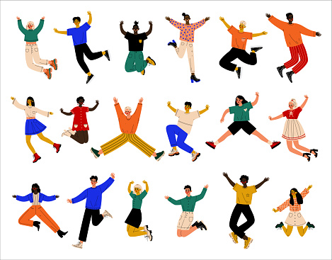Happy People Character Jumping with Joy and Excitement Feeling Energy and Celebrating Something Vector Big Set. Young Elated Male and Female Excited with Triumph Bouncing