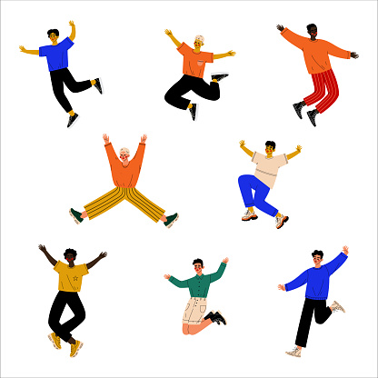 Happy Man Jumping with Joy and Excitement Feeling Energy and Celebrating Something Vector Set. Young Elated Male Excited with Triumph Bouncing