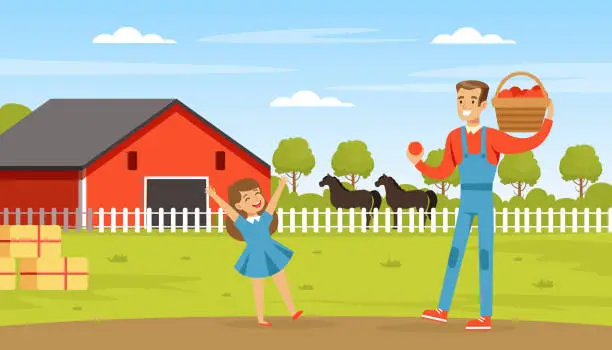 Vector illustration of Happy Man Farmer with Daughter at Village Holding Basket with Ripe Fruit Vector Illustration