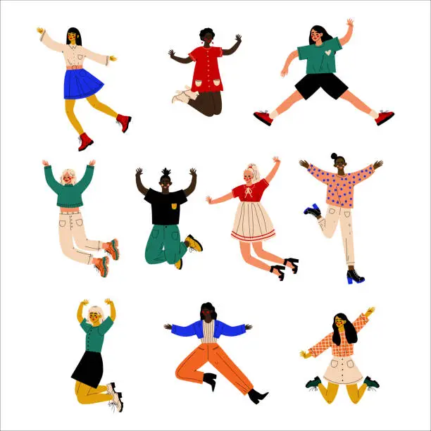 Vector illustration of Happy Woman Jumping with Joy and Excitement Feeling Energy and Celebrating Something Vector Set