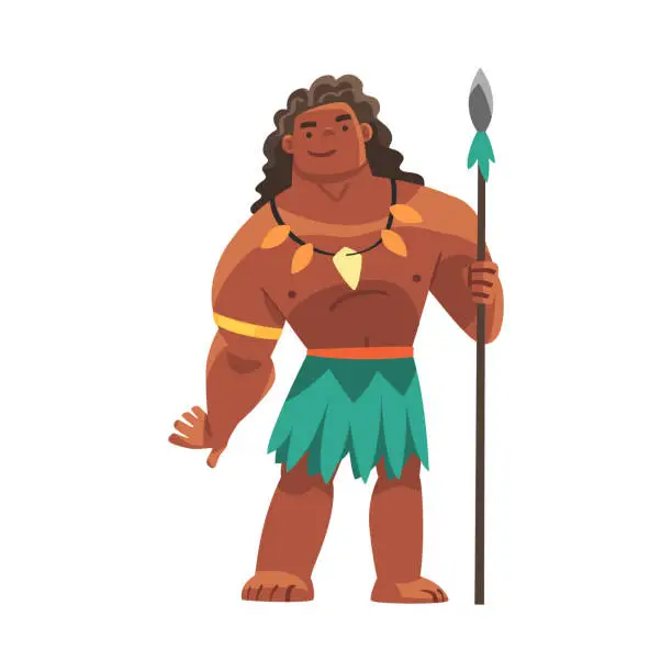 Vector illustration of Hawaiian Man Character with Necklace and Palm Skirt Standing Holding Spear Vector Illustration