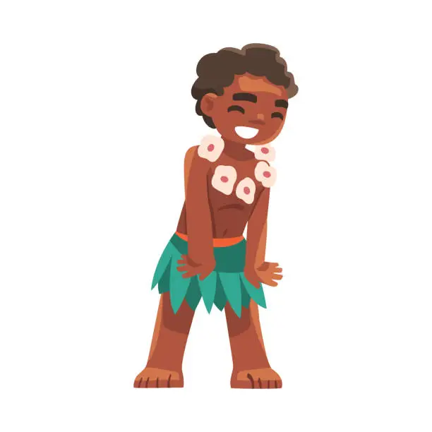 Vector illustration of Hawaiian Little Boy Character with Lei Garland on His Neck Standing Vector Illustration