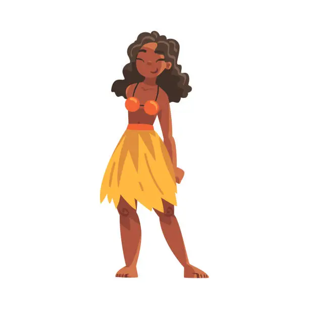 Vector illustration of Hawaiian Woman Character Wearing Hula Skirt Standing Vector Illustration