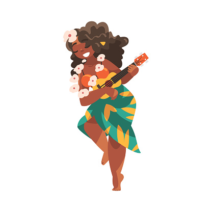 Hawaiian Woman Character with Lei Garland or Wreath Playing Ukulele Vector Illustration. Young Smiling Female in Traditional Polynesian Costume Celebrating Festival Concept