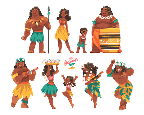 Hawaiian People Character with Lei Garland or Wreath Playing Ukulele and Hula Dancing Vector Set. Young Smiling Man and Woman in Traditional Polynesian Costume Celebrating Festival Concept