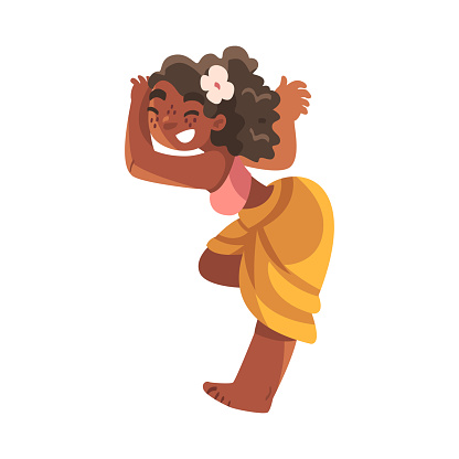Hawaiian Woman Character with Flower on Her Head Hula Dancing Vector Illustration. Young Smiling Female in Traditional Polynesian Costume Celebrating Festival Concept