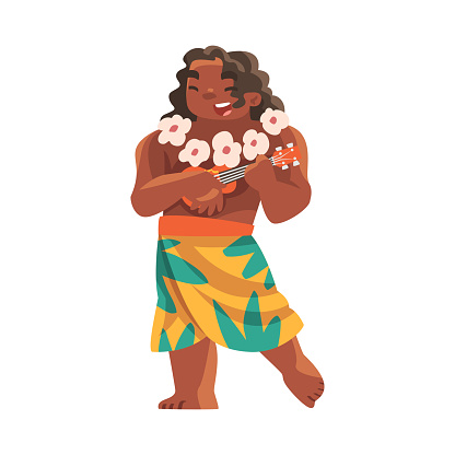 Hawaiian Man Character with Lei Garland or Wreath Playing Ukulele Vector Illustration. Young Smiling Male in Traditional Polynesian Costume Celebrating Festival Concept