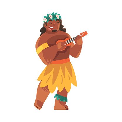 Hawaiian Man Character with Lei Garland or Wreath Playing Ukulele Vector Illustration. Young Smiling Male in Traditional Polynesian Costume Celebrating Festival Concept