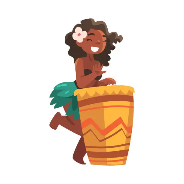 Vector illustration of Hawaiian Woman Character with Flower on Her Head Playing Drum and Hula Dancing Vector Illustration