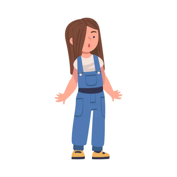 Vector illustration of Surprised Girl Character in Jumpsuit Standing Looking Ahead Vector Illustration