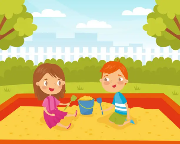 Vector illustration of Little Boy and Girl Playing in Sandpit Enjoy Summer Activity Vector Illustration