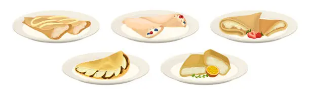Vector illustration of Sweet Crepe or Pancake with Filling and Topping Served on Plate Vector Set