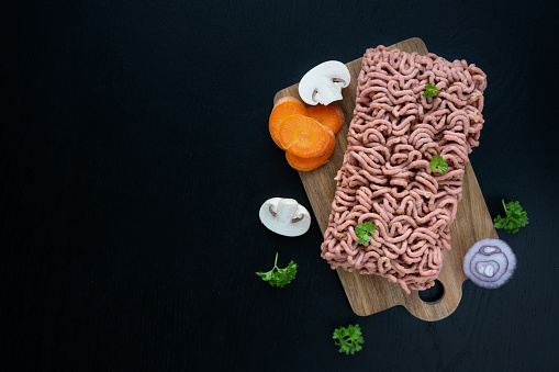 Plant-based vegetarian mince meat produced from vegetables and mushrooms for a plant diet, copy space.