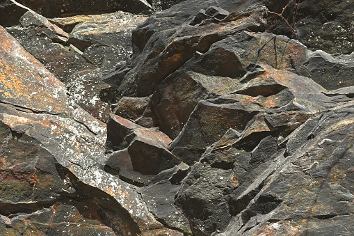 Close-up of rusty schist outcrop on the eastern slope of Mount Tom in Connecticut, where the rocks have been estimated to be 1.3 billion years old. Schist is a metamorphic rock formed from tremendous pressure and heat. It constitutes much of the bedrock in this area and often contains iron, hence the rusty surfaces. This rock is similar to the Manhattan schist found in New York City's Central Park. The thin layering of schist, or foliation, means it can cleave along the planes of foliation to form flat, sheet-like surfaces.