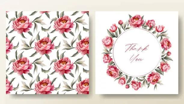 Vector illustration of Peony frame. Set of greeting card and seamless pattern with watercolor peonies, wedding invitation.