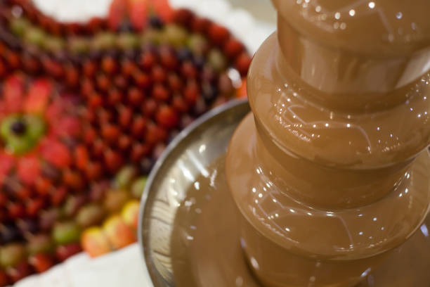 chocolate fountain and heart from fruits at wedding reception - wedding reception fountain chocolate candy wedding imagens e fotografias de stock