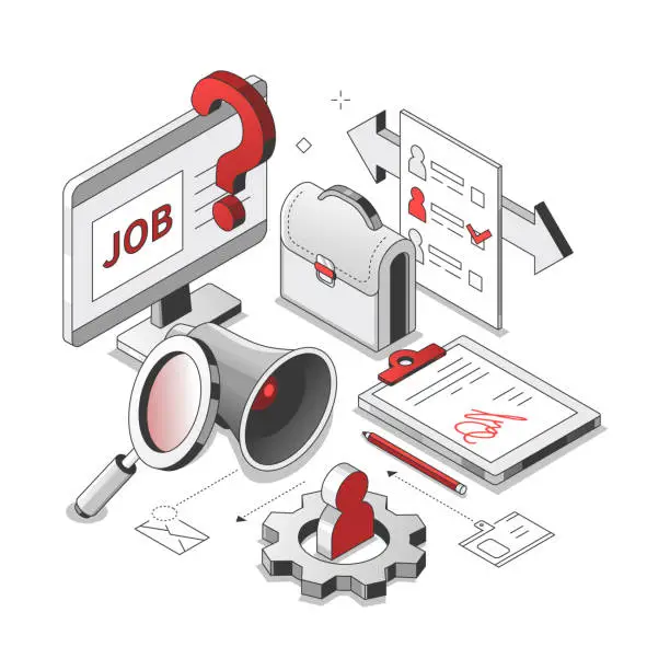 Vector illustration of Job search - isometric red and black line illustration