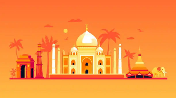 Vector illustration of Sacred places and attributes of India - modern colored vector illustration