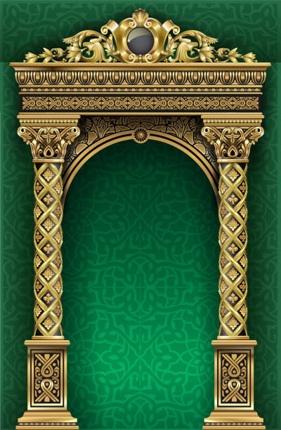 Arch of gold in the oriental style Arch of gold in the oriental style with Arabic traditional ornaments in vector graphics. fairy door fairy tale antique stock illustrations