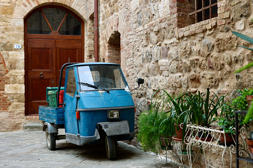 San Quirico d'Orcia, Province of Siena, Tuscany, Italy - 25 October 2022: Piaggio & C. SpA is an Italian motor vehicle manufacturer, which produces a range of two-wheeled motor vehicles and compact commercial vehicles.