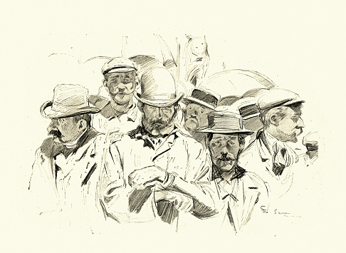Vintage illustration, Character sketch, French men, A free performance at the opera. The queue in front of the Opera, 1899. Une représentation gratuite à l'opéra. La queue devant l'Opera