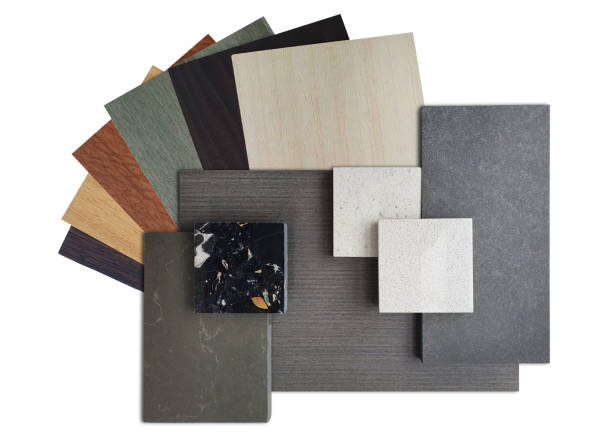 istock top view of interior material samples board including black terrazzo, quartz, artificial stone, wooden veneer and laminated isolated on background with clipping path. materials palette, top view . 2075905931