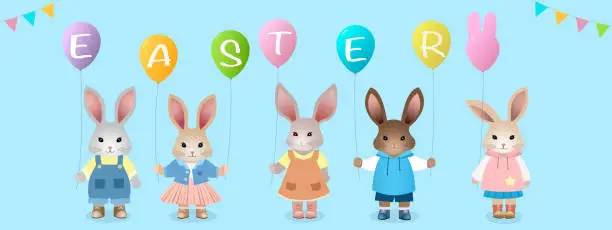 Vector illustration of Happy Easter banner vector illustration, cute kid bunnies holding colorful balloon at party, Easter bunny rabbit character set on blue background. Sweet decorative spring holiday celebration.