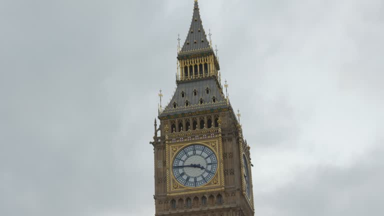 Low angle view of Big Ben clock at Westminster district of England in cloudy day.