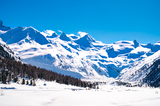 Val Roseg, in Engadine, Switzerland, in winter, with snow-covered cross-country ski slopes.