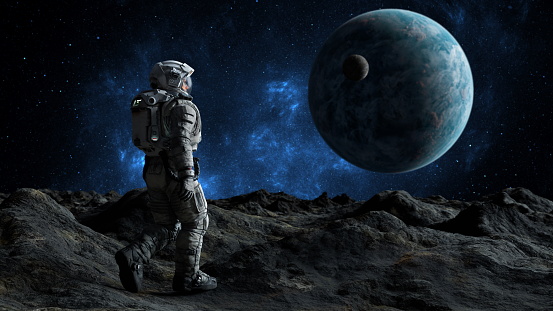 Astronaut gazes at a distant planet and its moon against the backdrop of a starlit galaxy. Cosmonaut walk. 3d render