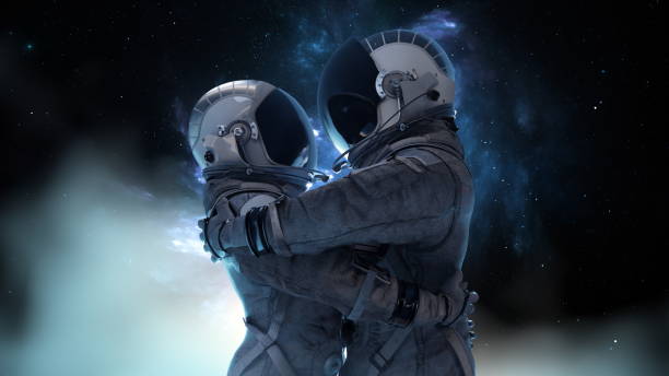 istock Two astronauts couple in a tender embrace, silhouetted against a nebula-like celestial backdrop, capturing a moment of connection in the vastness of space, love hug, man and woman. 3d render 2075920856