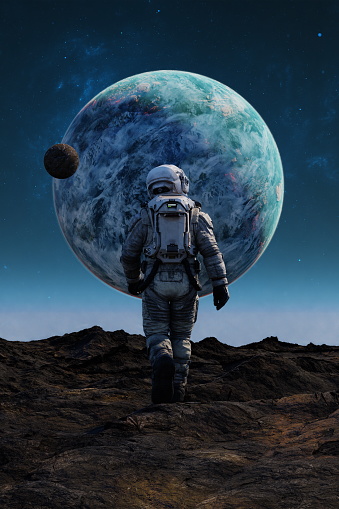 Astronaut approaches with a colossal planet and its moon dominating the star-sprinkled cosmos. 3d render