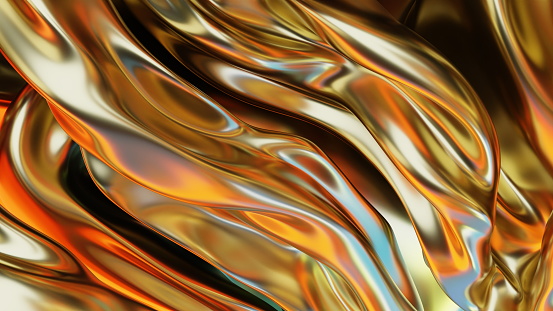 Abstract wavy liquid metal texture with orange, gold, and chrome hues. Flowing shapes and a blend of warm and cool tones creating a liquid metal effect. 3d render