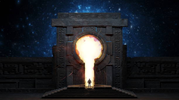 Astronauta de frente para um portal antigo emitindo uma luz brilhante contra o pano de fundo cósmico de estrelas. Cosmonauta e porta do portal estelar. Renderização 3D Astronauta de frente para um portal antigo emitindo uma luz brilhante contra o pano de fundo cósmico de estrelas. Cosmonauta e porta do portal estelar. Renderização 3D Fotos de stock, fotos e imagens livres de direitos do portal estelar