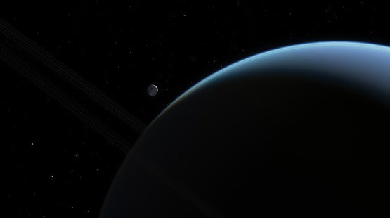 Large planet with a visible atmosphere and ring system. Vast scale and serene isolation of celestial bodies in the endless expanse of space, cosmic landscape. 3d render