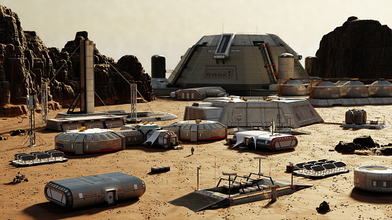 Martian base with modular structures and solar panels in a rocky desert, Mars colony. 3d render