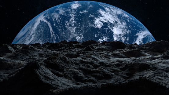 Earth planet rises over a barren, rocky landscape, surface, dark void of space. Stars speckle blackness, providing subtle backdrop to dominating presence of planet. 3d render