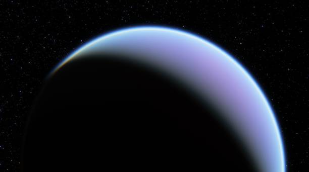 Planet gas giant, with thin atmospheric glow, set against deep black of space sprinkled with stars. Horizon line subtly graduated from darkness of space to faint light of planet atmosphere. 3d render planeta gigante gaseoso, con un tenue resplandor atmosférico, contrastado con el negro profundo del espacio salpicado de estrellas. la línea del horizonte se graduó sutilmente de la oscuridad del espacio a la tenue luz de la atmósfera del planeta. rend