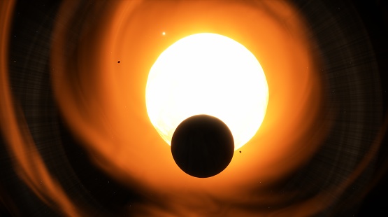Planetary transit with a glowing star, casting a silhouette of a planet and its moons on swirling solar flares. 3d render