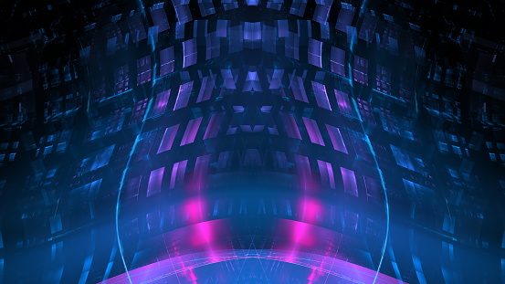 Futuristic digital abstract tunnel with blue and purple neon lights and geometric patterns. 3d render