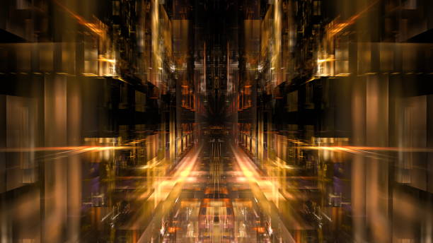 Abstract image with a deep perspective of golden light and mirrored geometric patterns. 3d render
