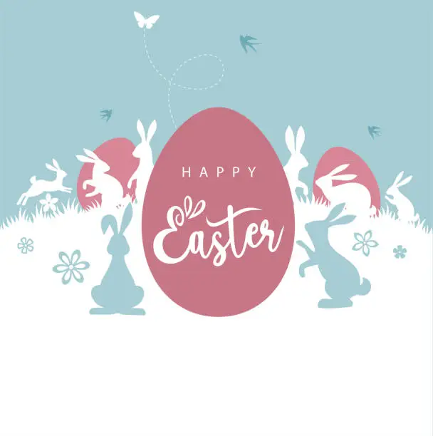 Vector illustration of Happy Easter Card With Eggs and Bunnies.