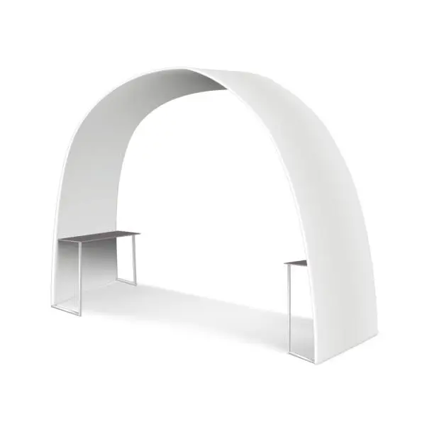 Vector illustration of Blank white round arch trade show booth with counter shelves mockup. Tradeshow semicircular display stand. Vector mock-up. Template for design