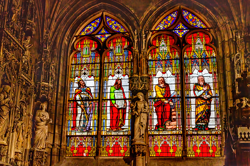 Colorful Old Testament Persons Moses King David Abraham and Melchizedek Stained Glass Ancient Saint Bonaventure Lyon France. Church finished 1327.