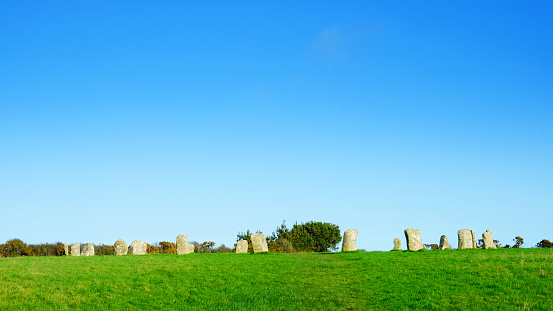 The Merry Maidens Stone Circle in West Penwith, Cornwall, UK