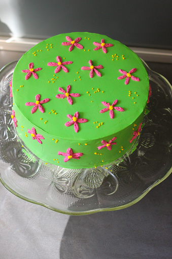 Green buttercream cake with flowers. Spring cake. Girly cake