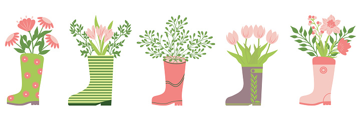 Flowers in wellies horizontal poster, banner. Trendy vector rain boots and florals. Modern illustration design for web and print. Spring and easter holiday concept. Beautiful different kid wellies.