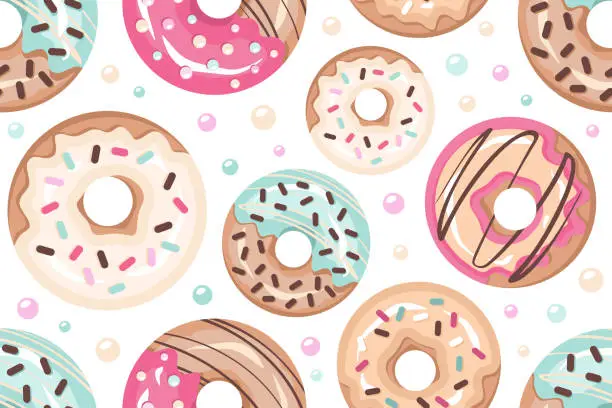 Vector illustration of Donuts seamless pattern. Different Doughnuts with color sugar glaze, sprinkling. Tasty fried luscious rolls with pink, cream, chocolate frosting. Vector illustration for wallpapers, textile, print